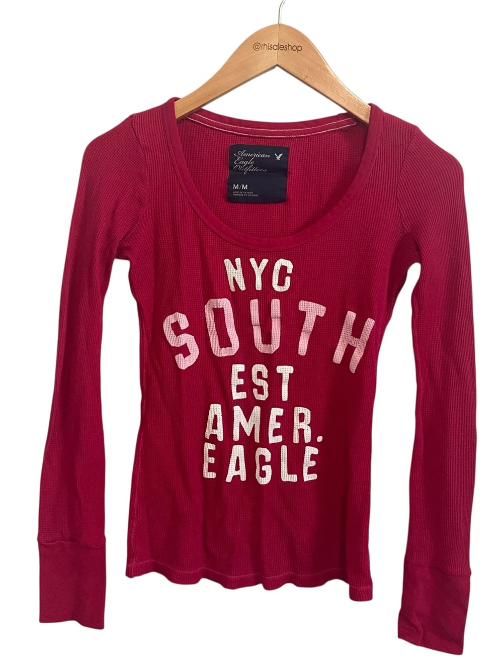 American Eagle Y2k Berry Pink Spell Out Long Sleeve Thermal Scoop Neck Tee Med